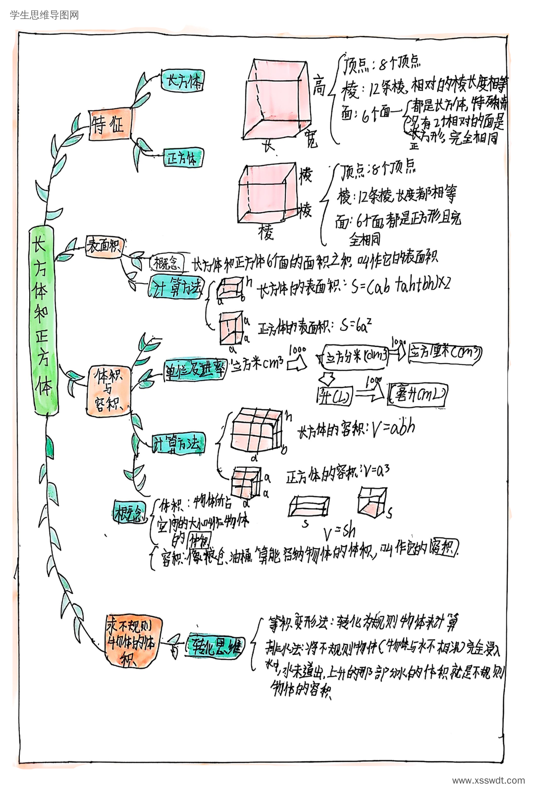 五年级数学第三单元《长方体和正方体》知识架构梳理思维导图-第4张